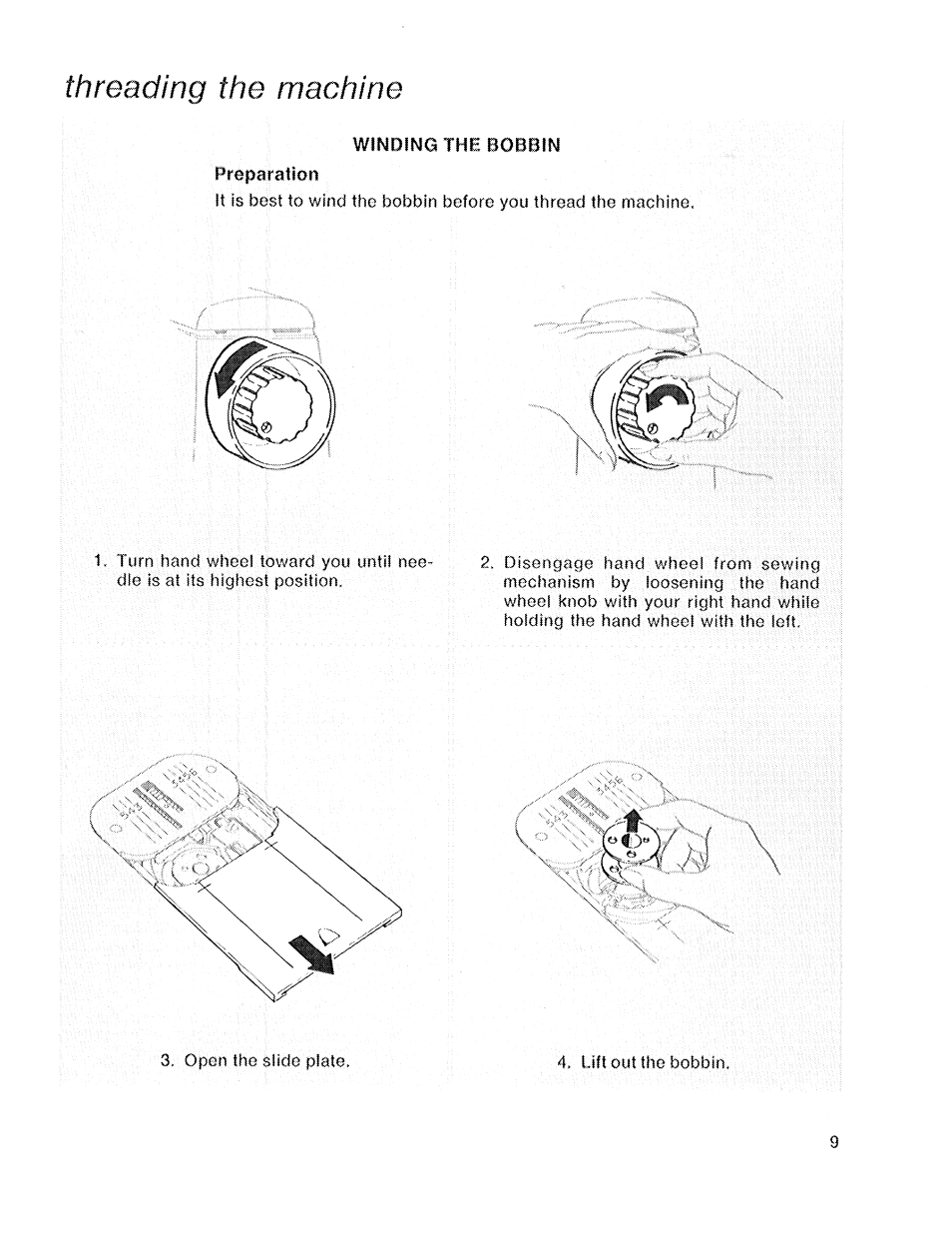 Threading the machine, Winding the bobbin, Preparation | SINGER 719 User Manual | Page 11 / 36