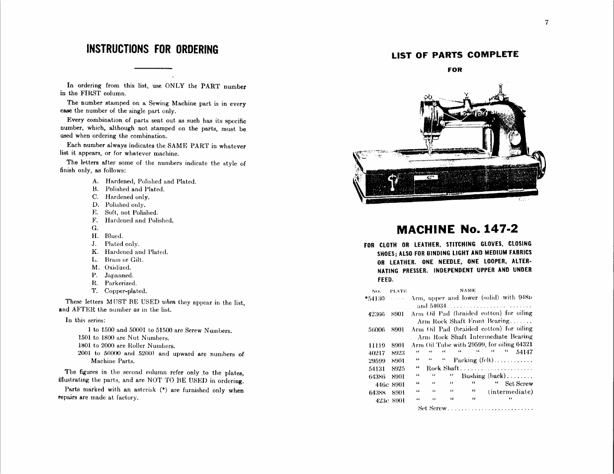 List of parts complete, Machine no. 147-2, Instructions for ordering | SINGER 147-23 User Manual | Page 3 / 30