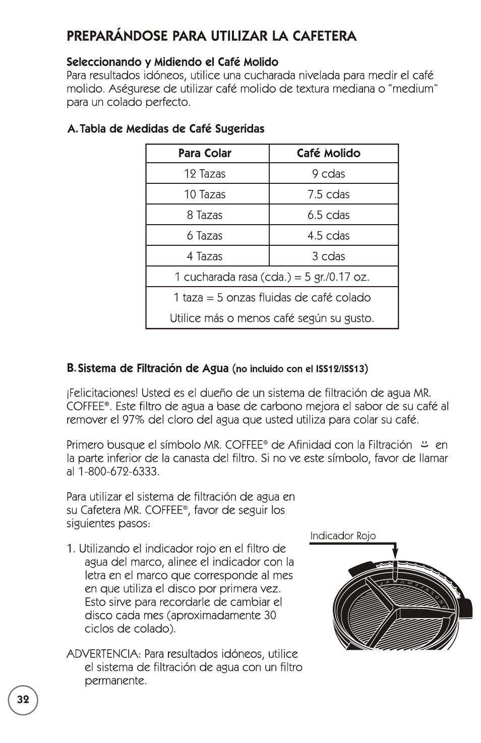 Seleccionando y midiendo el café molido, A. tabla de medidas de cafe  sugeridas, Preparandose para utilizar la cafetera | Mr. Coffee 115949 User  Manual | Page 32 / 44