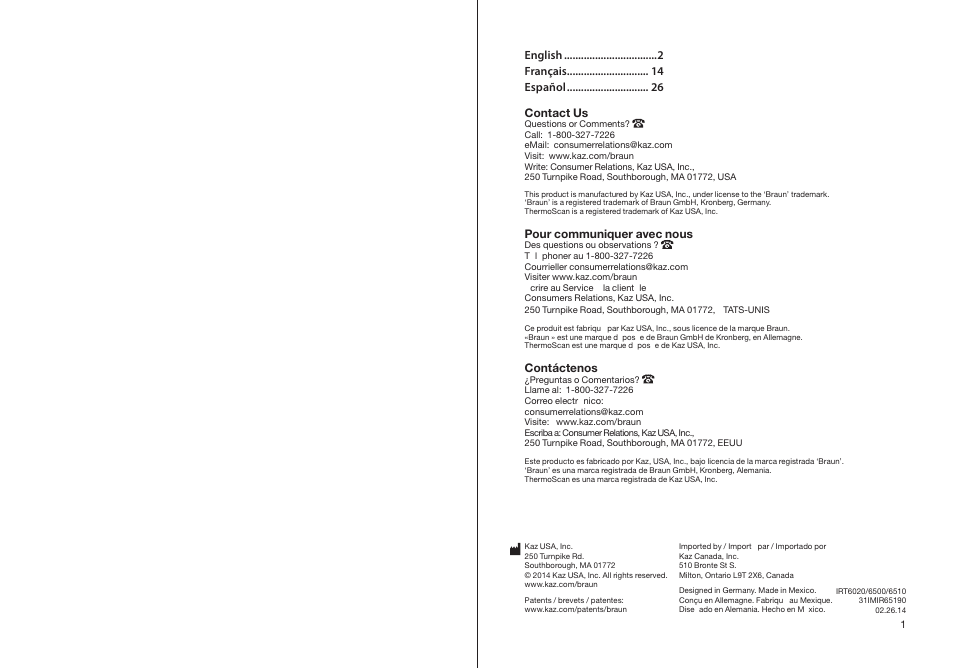 Braun ThermoScan IRT 6510 User Manual | Page 2 / 20 | Original mode