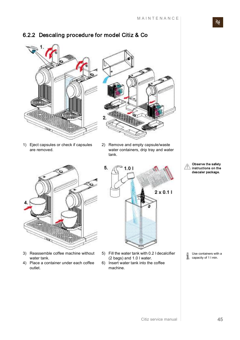 2 descaling procedure for model citiz & co | Nespresso Citiz & Co EF 488 Manual | 45 /