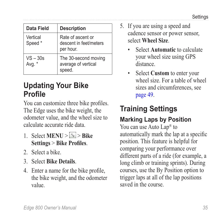 stang Banquet Blive skør Updating your bike profile, Training settings, Bike profiles | Garmin Edge  800 User Manual | Page 39 / 60