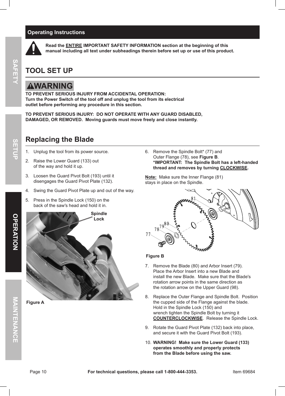 Tool Set Up Replacing The Blade Safety Opera Tion Maintenance Setup Chicago Electric Power Tools 12 Double Bevel Sliding Compound Miter Saw With Laser Guide 69684 User Manual Page 10 20