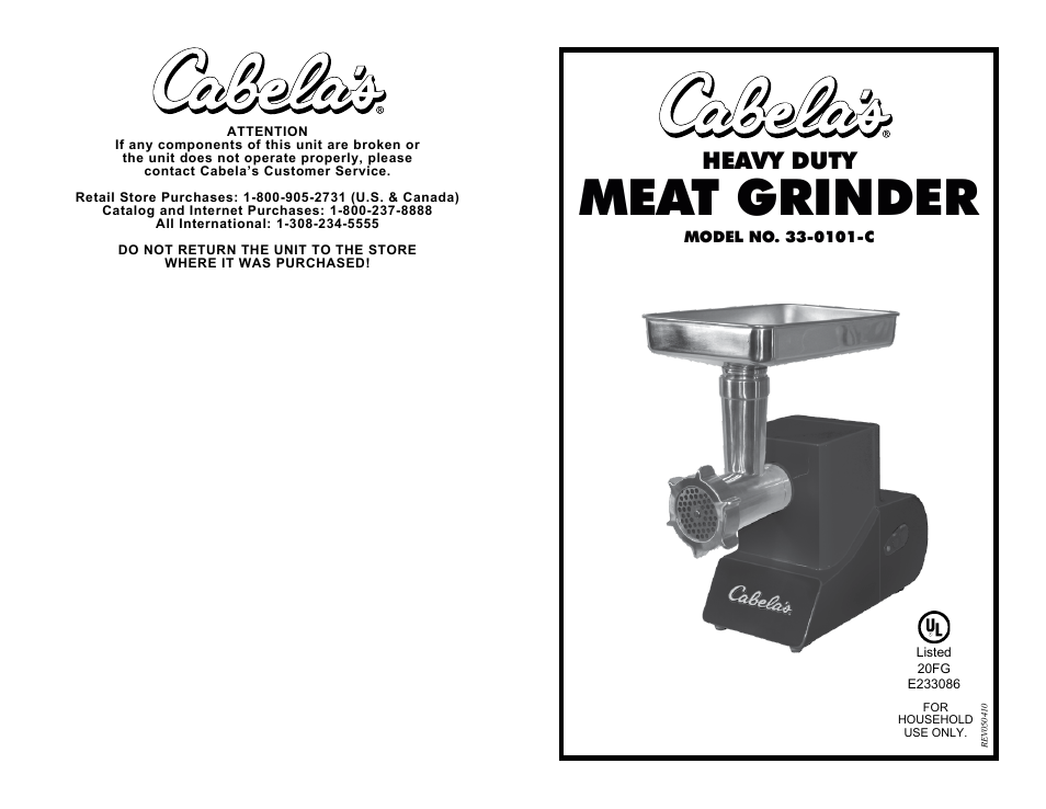 Cabela's Heavy Duty Meat Grinder 330101C User Manual 10 pages