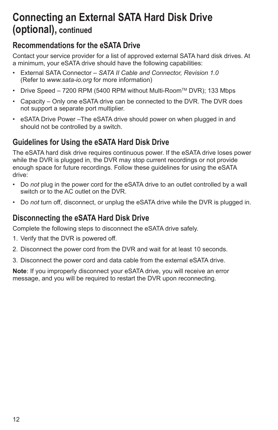 Continued recommendations for the esata drive, Guidelines for using the esata hard disk drive, Disconnecting the esata hard disk drive | Cisco Explorer 8300 User Manual | Page 18 / 20