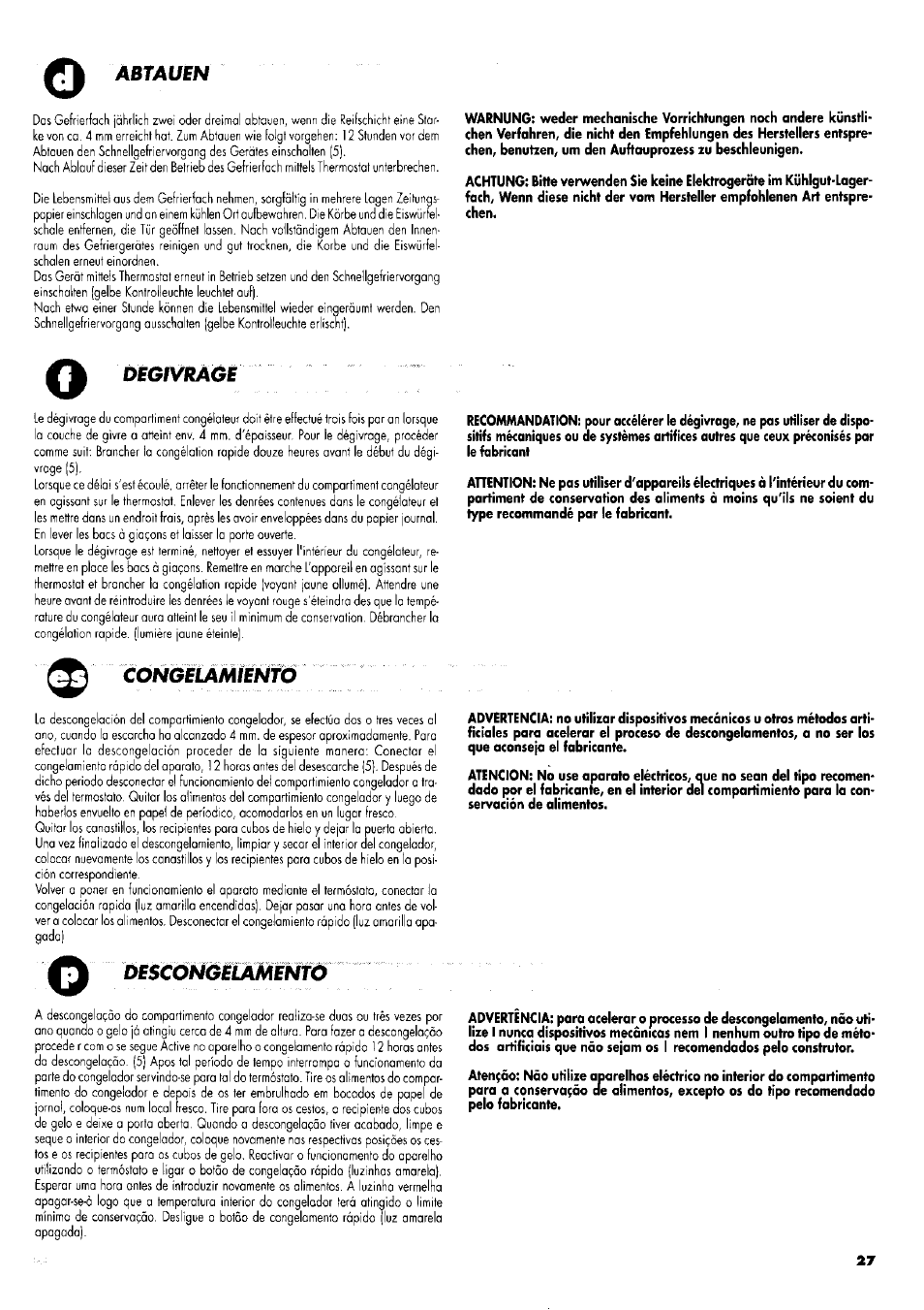 Abtauen, Descú^iíaménfo, Degivrage | ZANKER GS 105 User Manual | Page 27 / 31