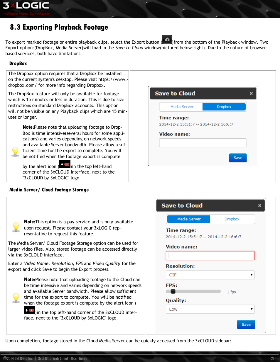 3 exporting playback footage, Dropbox, Media server/ cloud footage storage | 3xLOGIC 3xCLOUD Web Client User Manual | Page 25 / 31
