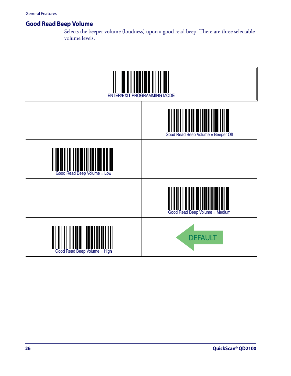 Default, Good read beep volume | Datalogic Scanning QUICKSCAN QD2100