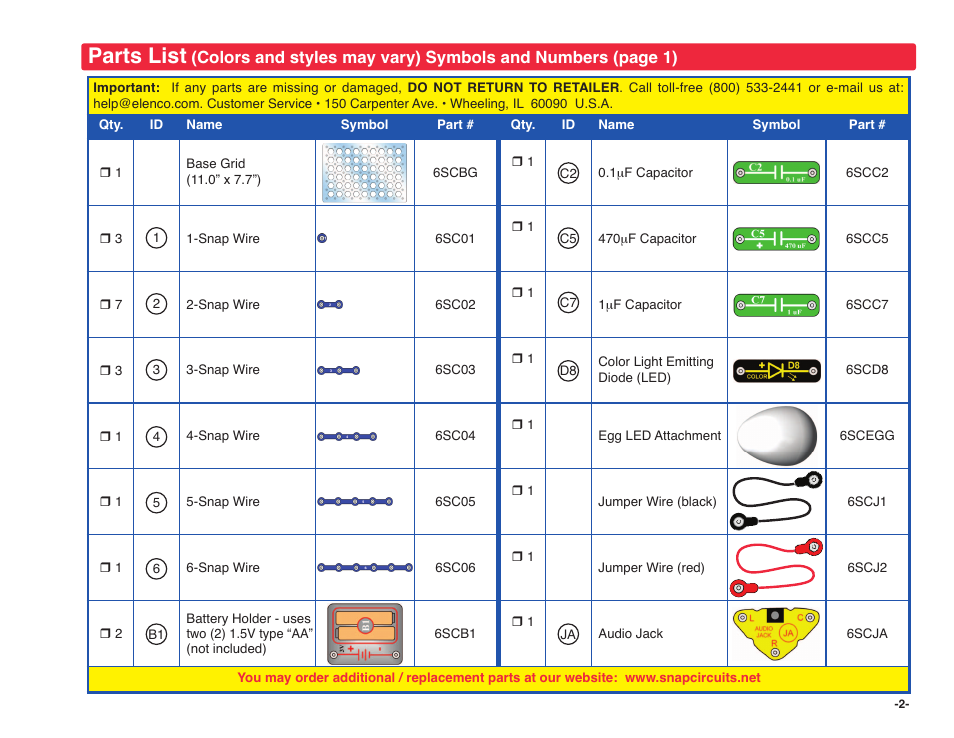 Parts list | Elenco Snap Circuits SOUND ® User Manual | Page 3 / 88