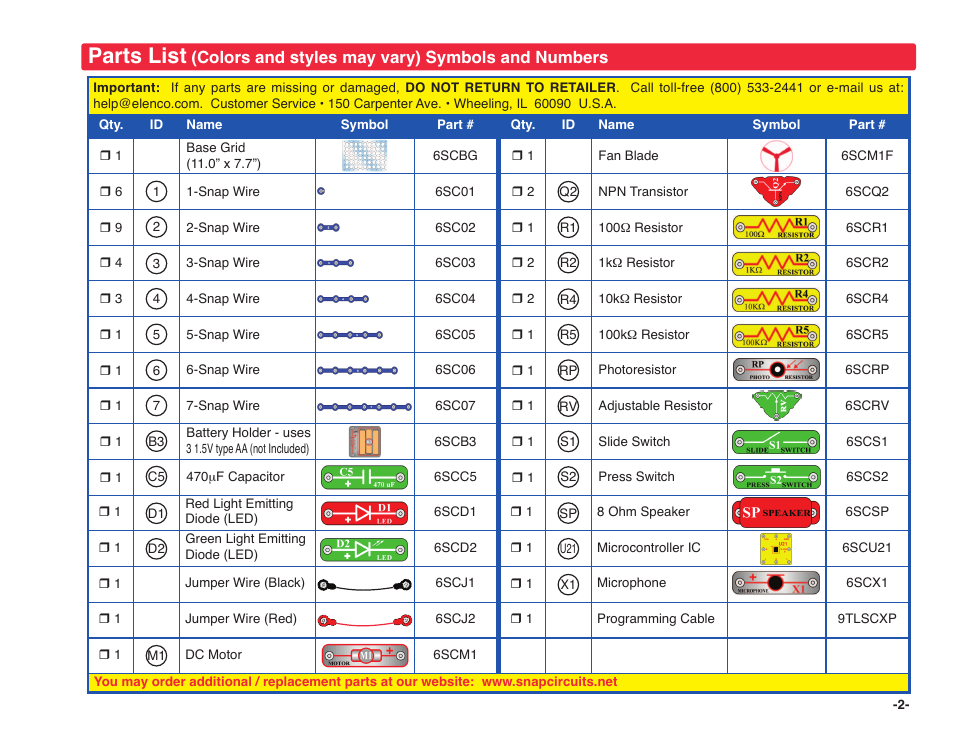 snap circuits extreme parts list