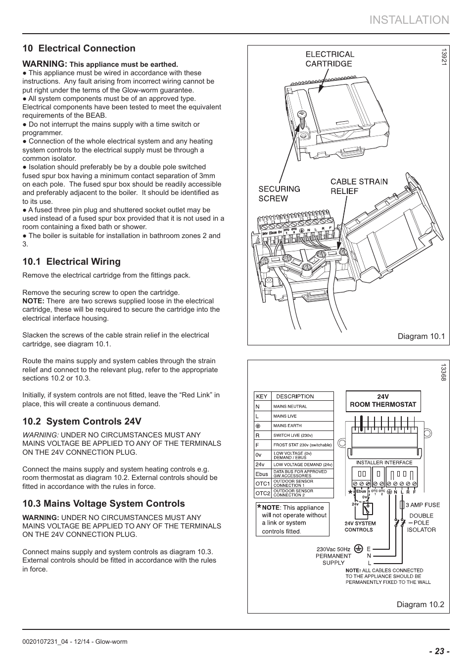 Installation, 10 electrical connection, 1 electrical wiring | Glow-worm  Flexicom sx User Manual | Page 23 / 52  Glow Worm Boiler Thermostat Wiring Diagram    Manuals Directory