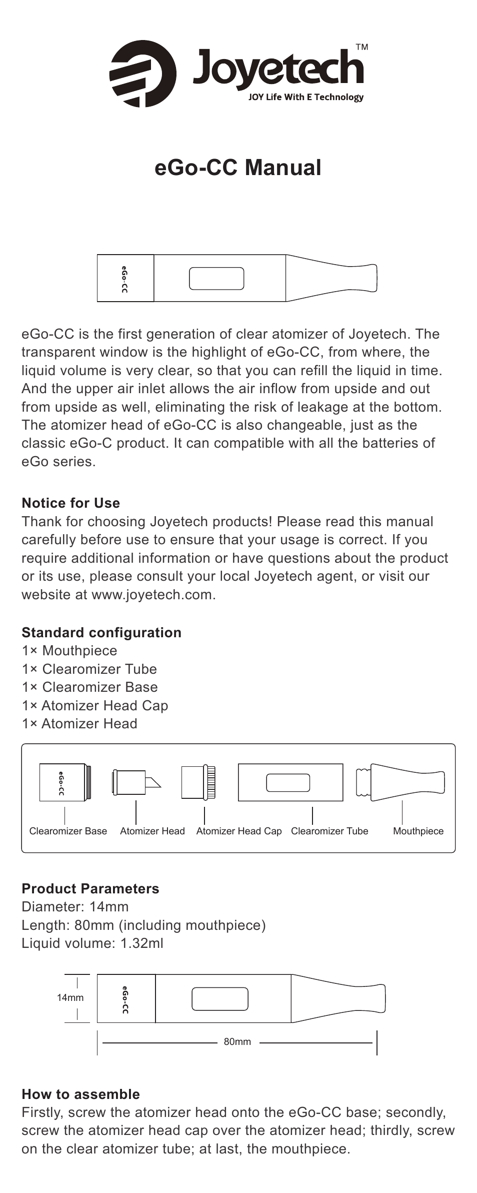 Joyetech eGo-CC Clearomizer User Manual | 2 pages