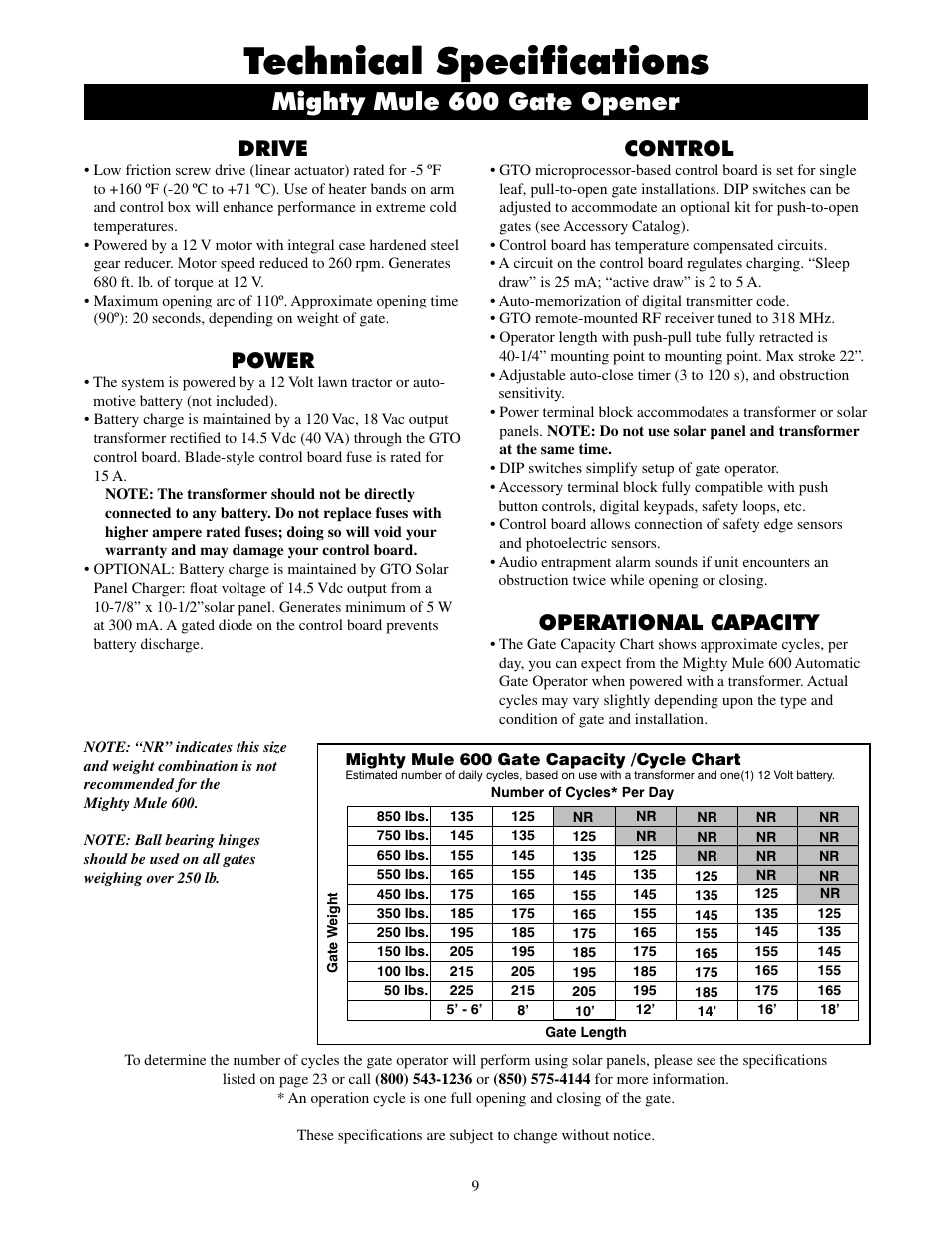 Technical specifications, Mighty mule 600 gate opener, Drive - Mighty Mule Mm600et Pro Page12