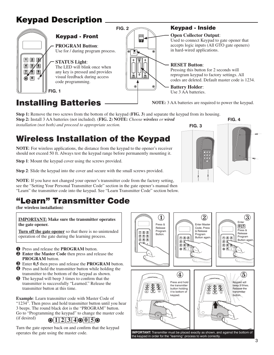 Keypad description installing batteries, Wireless installation of the ...