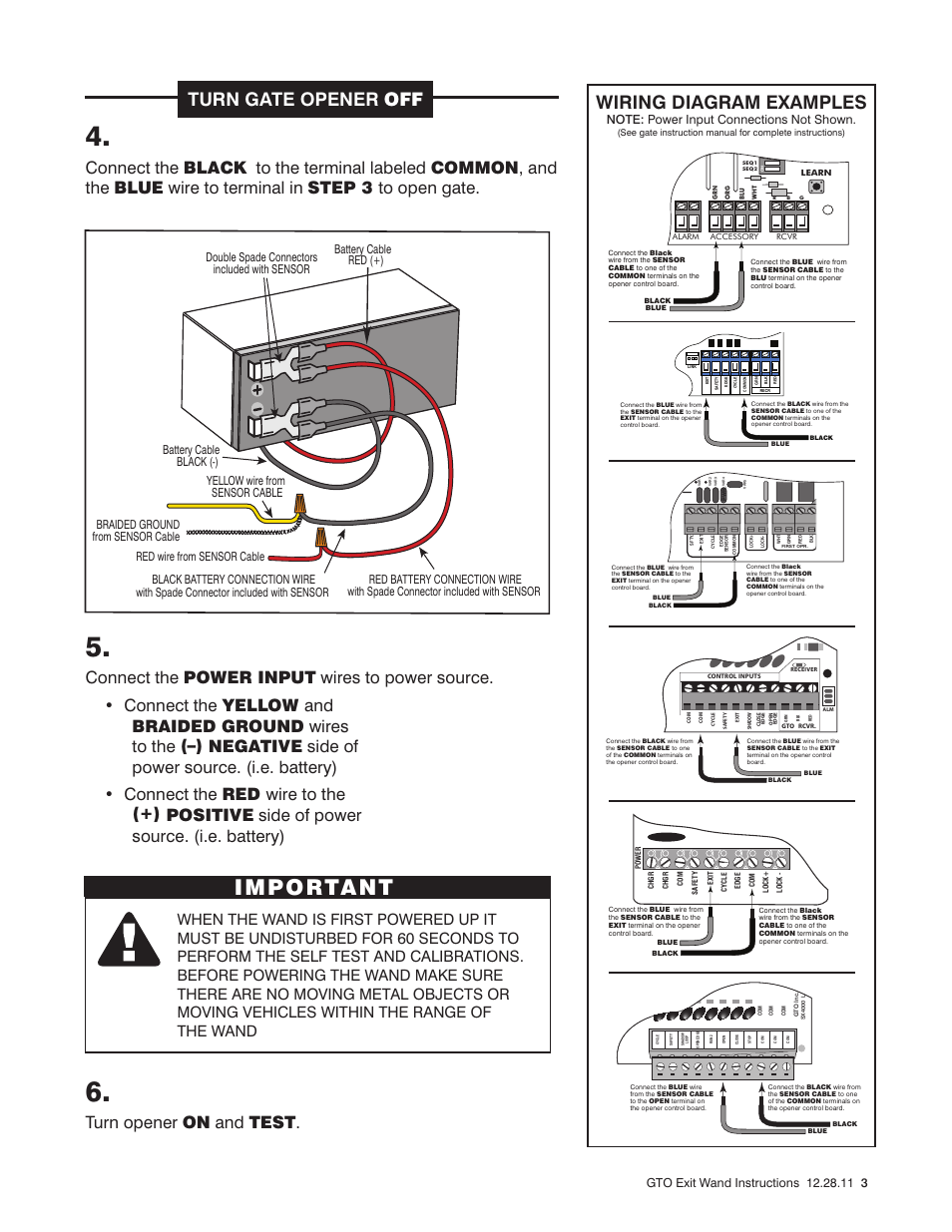 Important, Turn gate opener off, Wiring diagram examples | Mighty Mule  FM138 User Manual | Page 3 / 4 | Original mode  Gate Motor Wiring Diagram    Manuals Directory