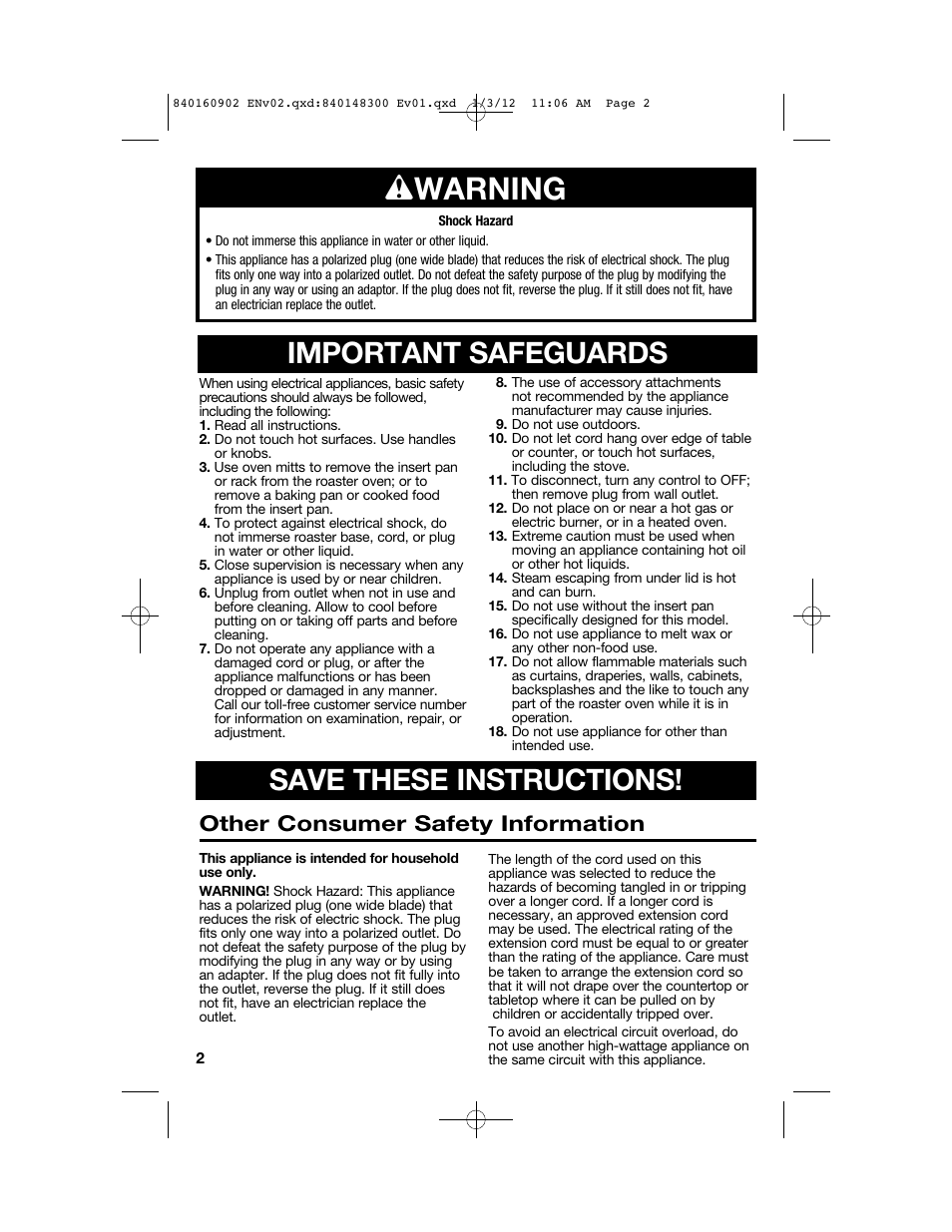 Wwarning, Important safeguards save these instructions, Other consumer