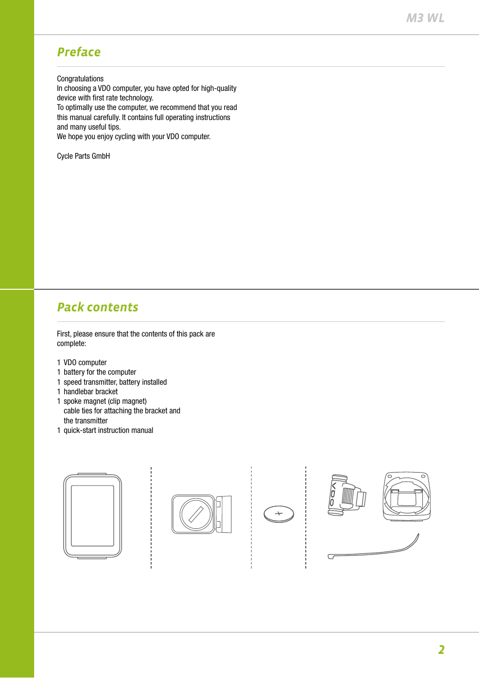 2m3 wl preface pack contents | VDO M3WL User Manual | Page 2 / 41