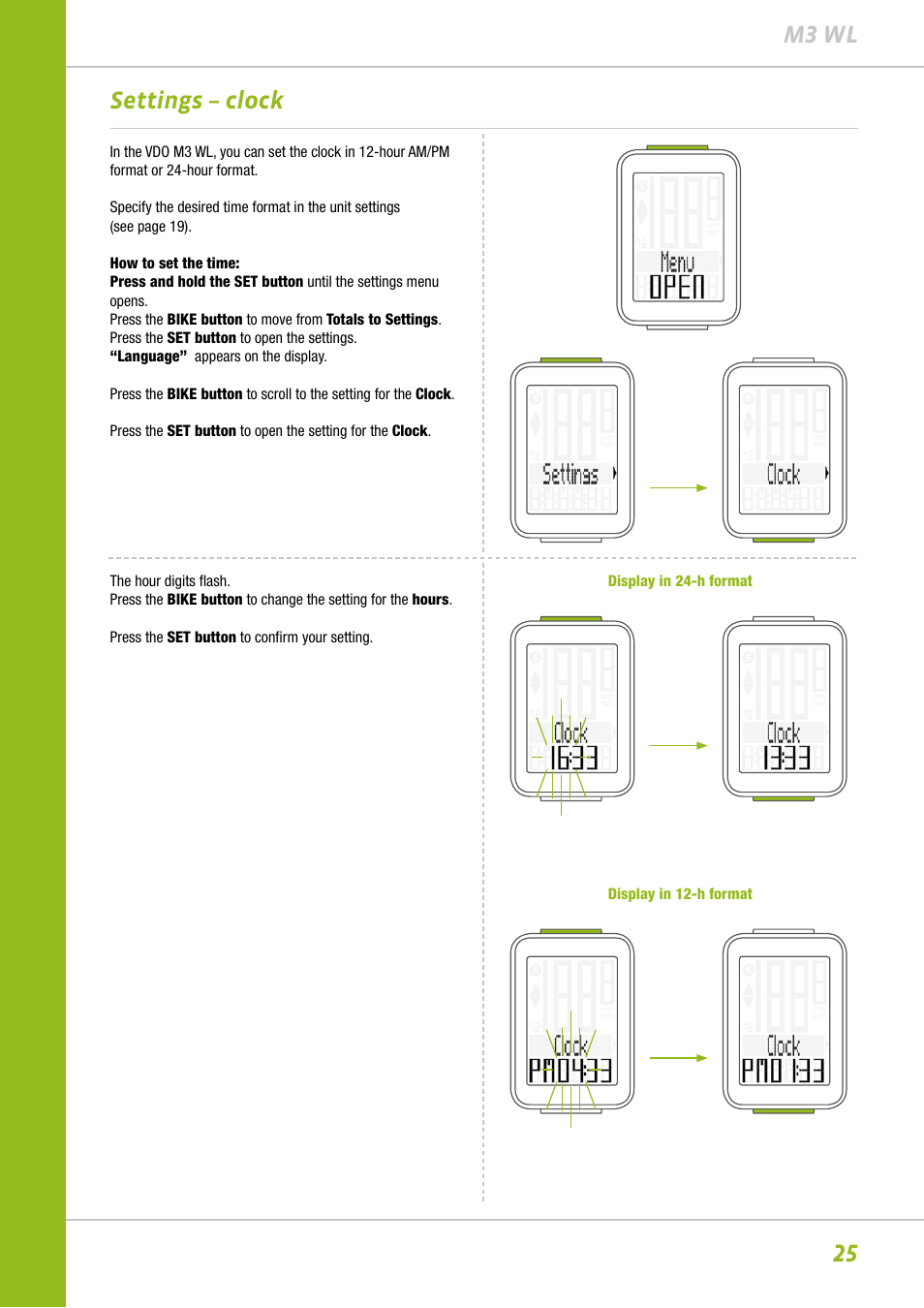25 m3 wl settings – clock | VDO M3WL User Manual | Page 25 / 41