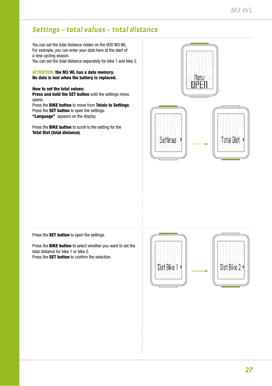27 m3 wl settings – total values – total distance | VDO M3WL User Manual | Page 27 / 41