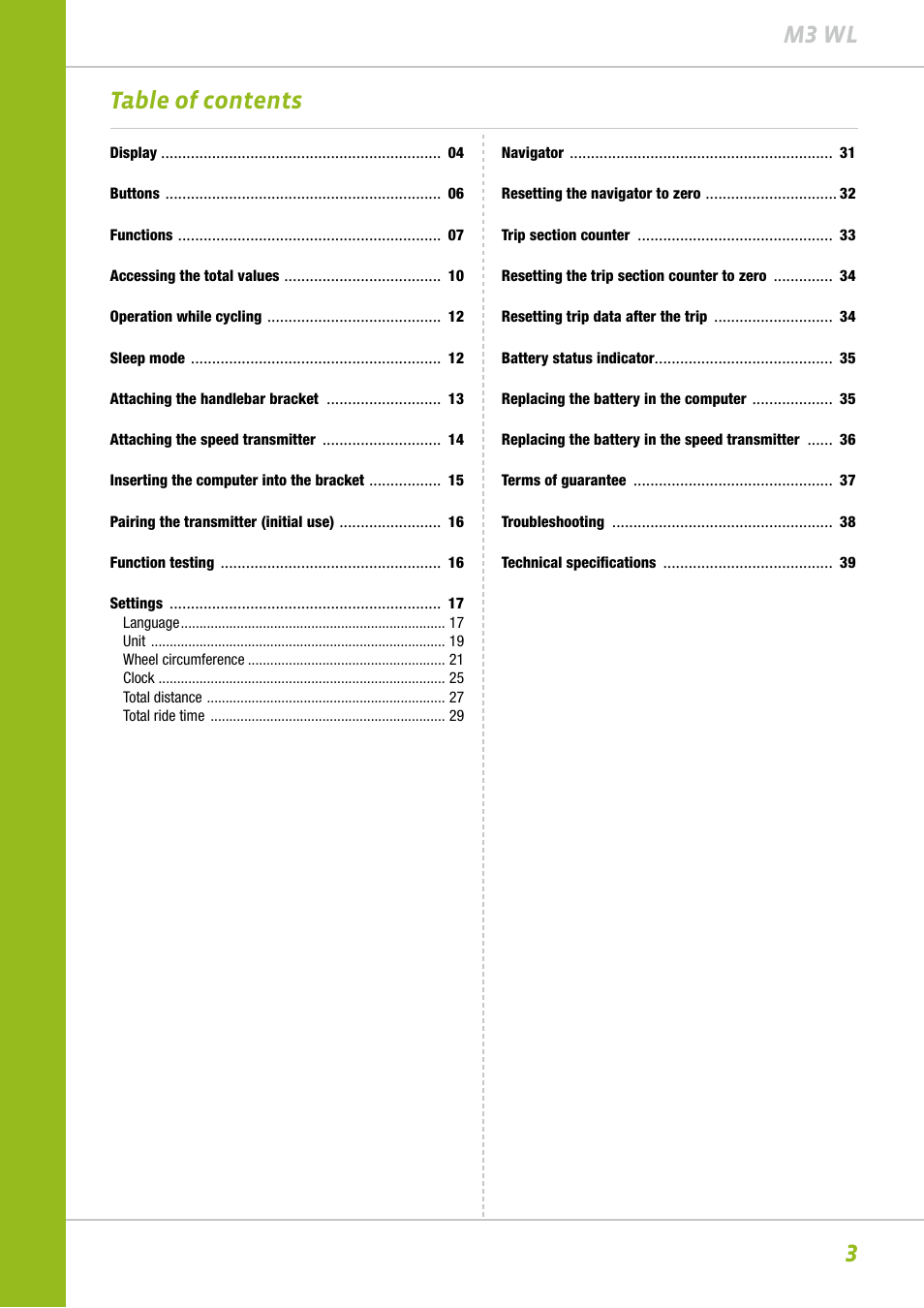 3m3 wl table of contents | VDO M3WL User Manual | Page 3 / 41
