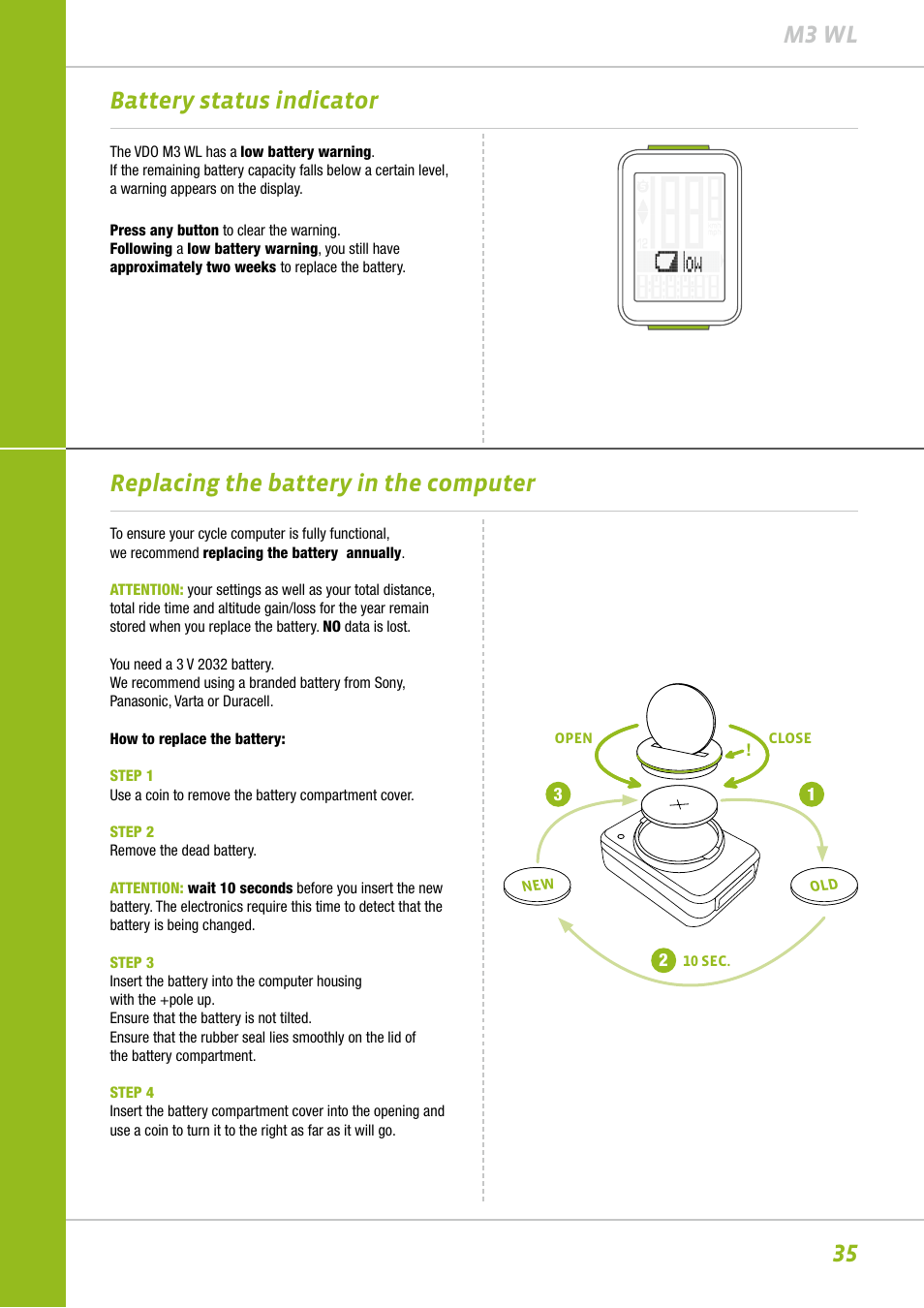 35 m3 wl, Replacing the battery in the computer, Battery status indicator | VDO M3WL User Manual | Page 35 / 41
