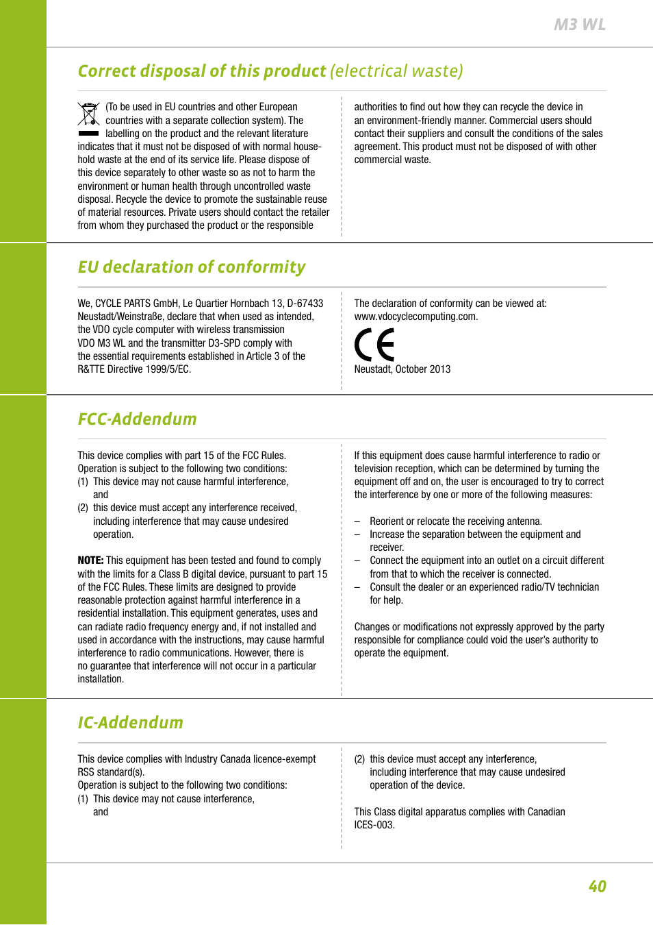 Fcc-addendum ic-addendum | VDO M3WL User Manual | Page 40 / 41