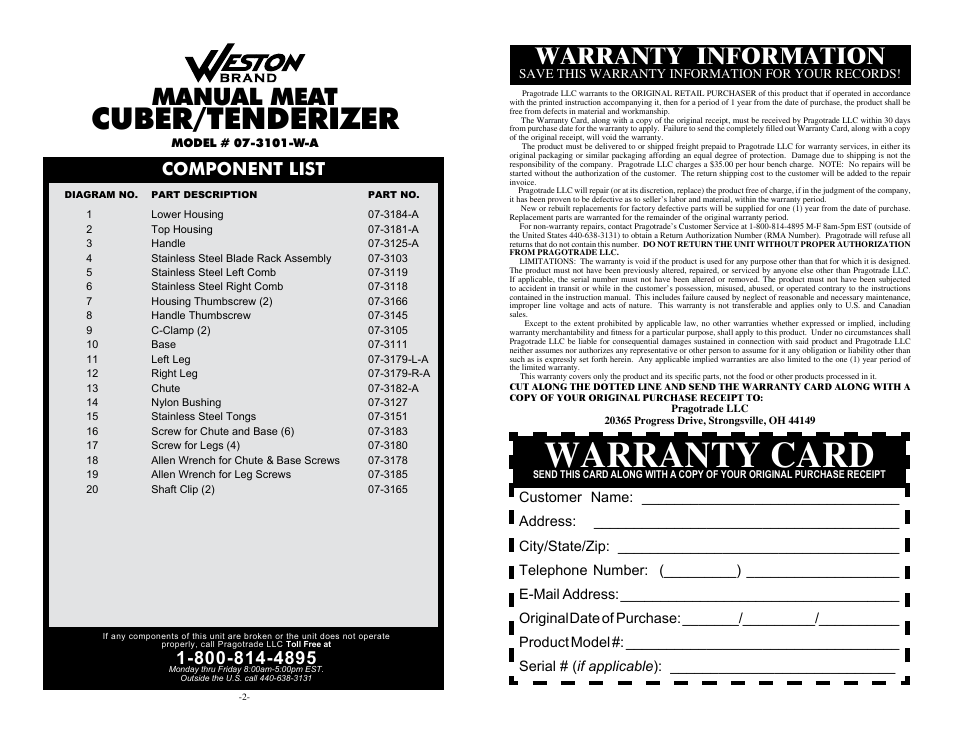 Warranty Card Cuber Tenderizer Manual Meat Weston Cuber Tenderizer User Manual Page 2 4 Warranty Card Cuber Tenderizer Manual Meat Weston Cuber Tenderizer User Manual Page 2 4
