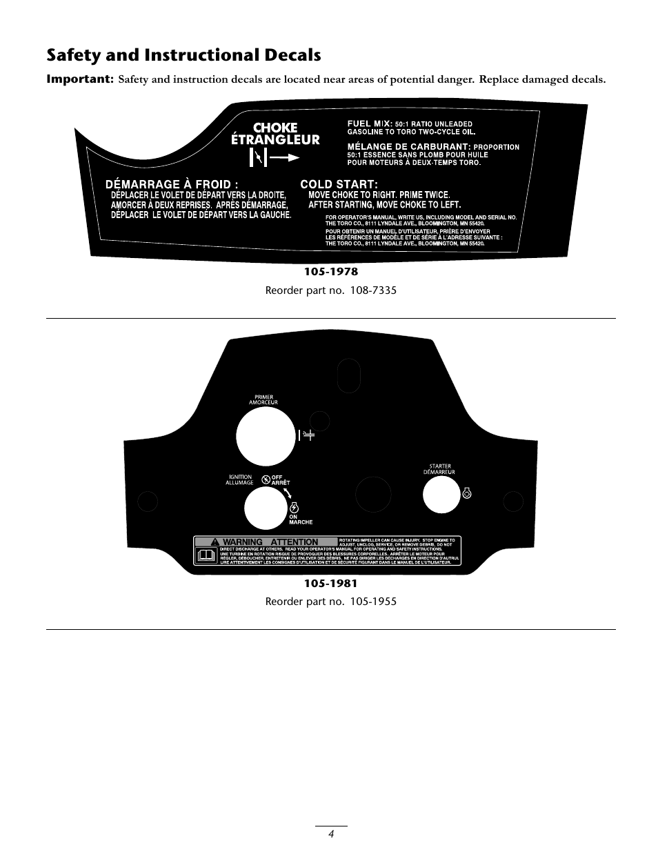 Safety and instructional decals | Toro CCR 3650 GTS Snowthrower 38517
