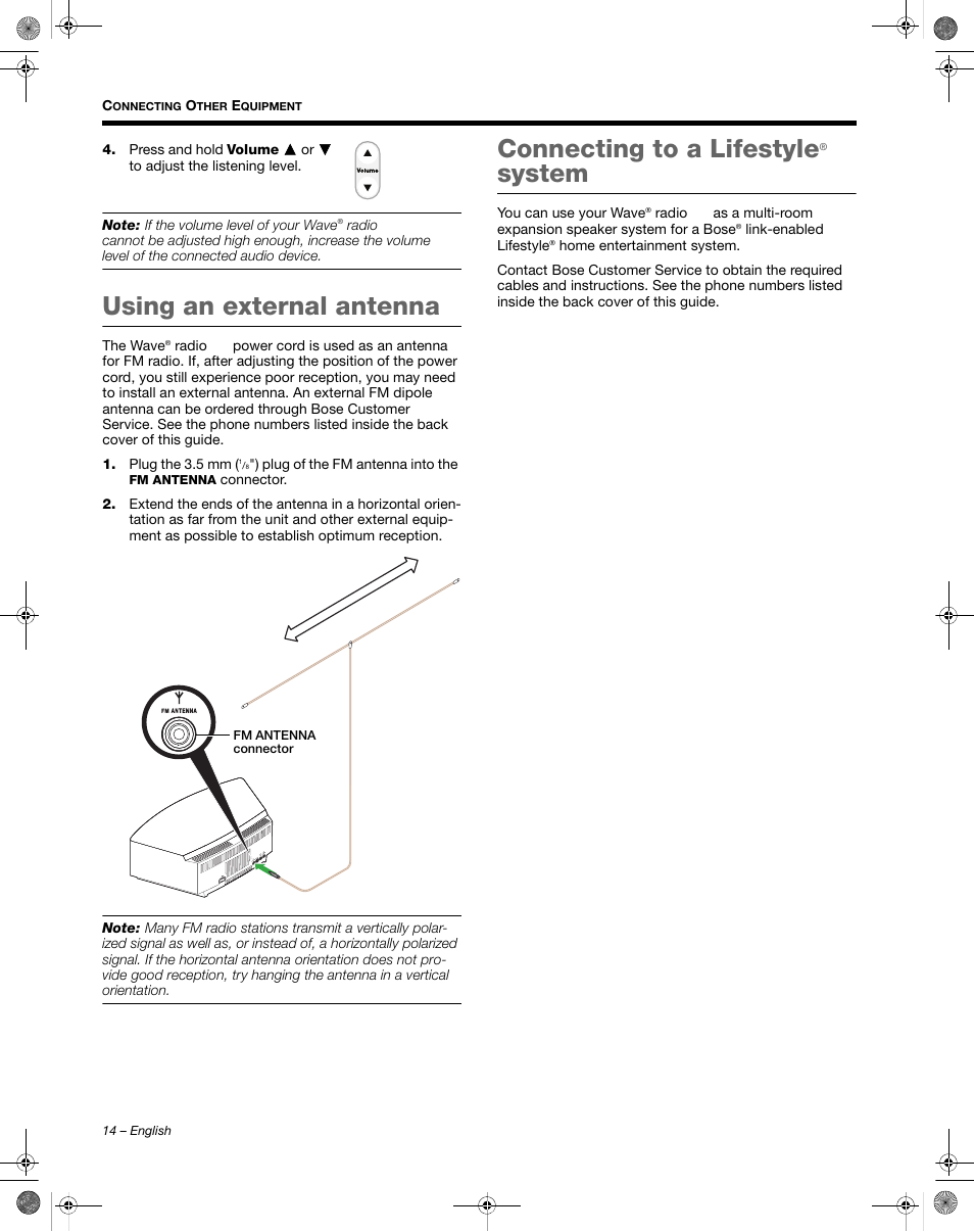 Using an external antenna, Connecting to a lifestyle, System | Bose Wave Radio III User Manual | Page 14 / 24