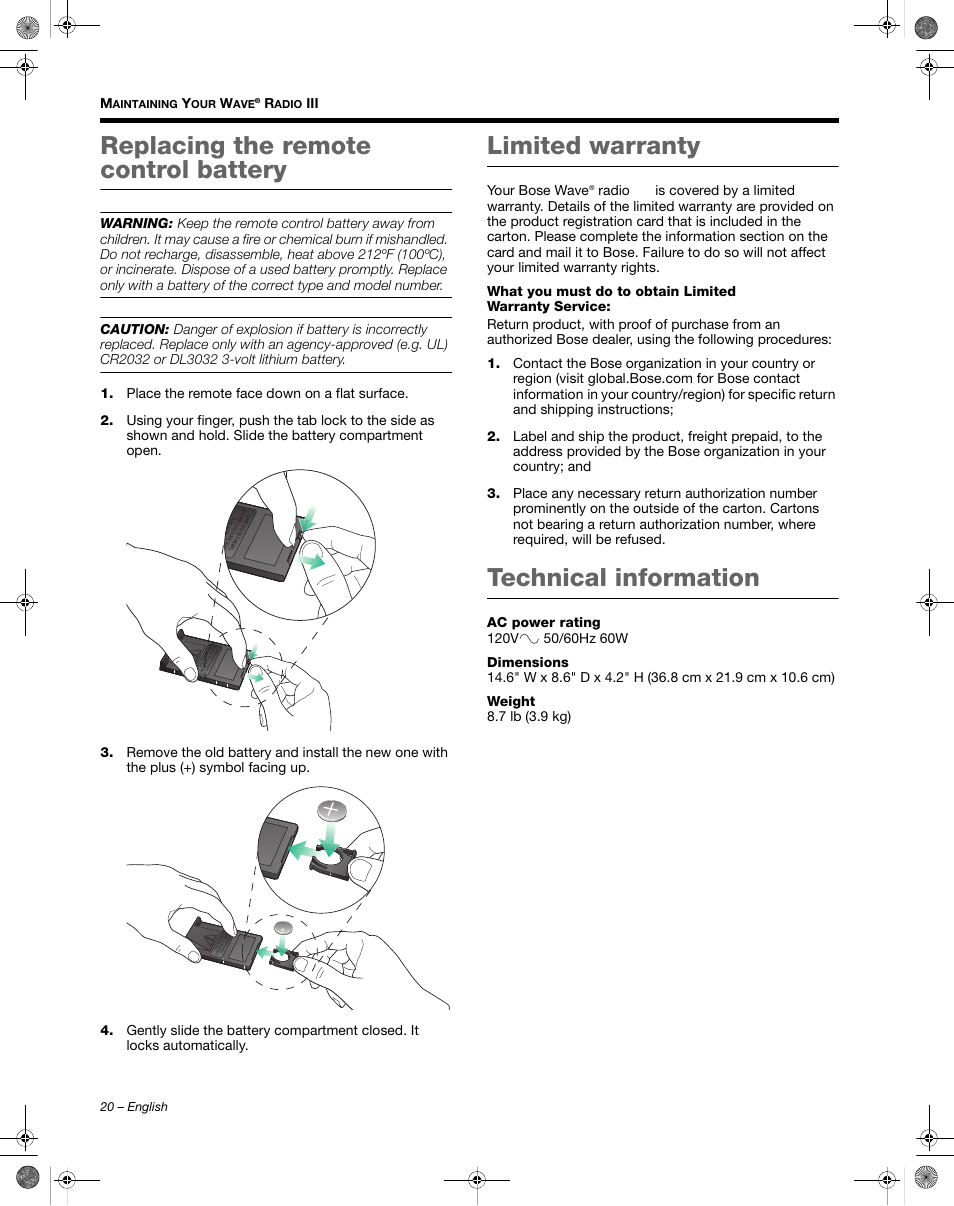 Replacing the remote control battery, Limited warranty, Technical information | Bose Wave Radio III User Manual | Page 20 / 24