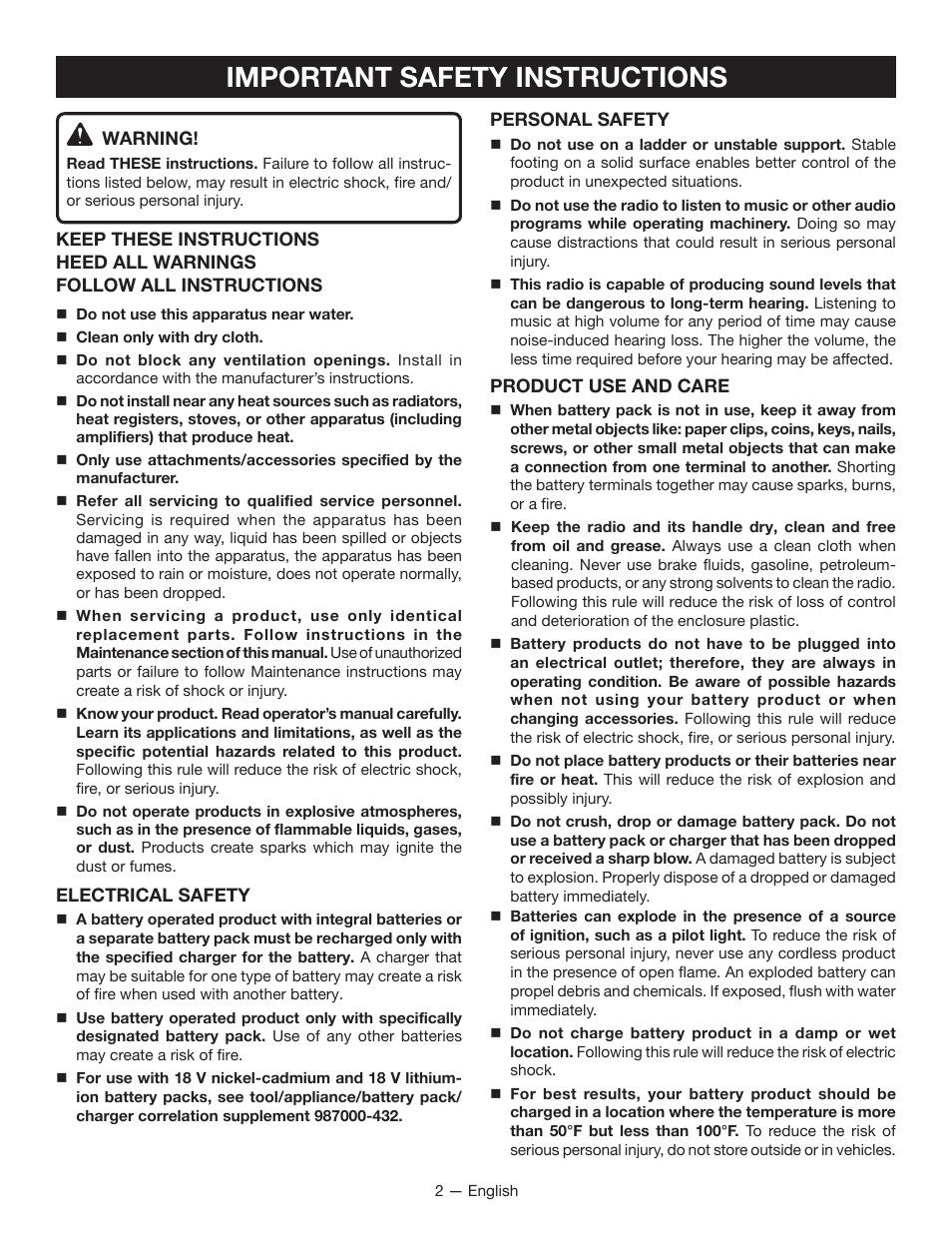 Important safety instructions | Ryobi P742 User Manual | Page 2 / 28