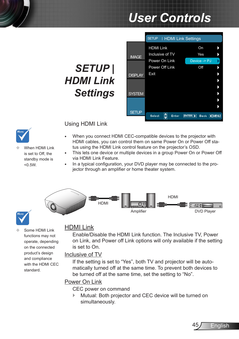 Setup | hdmi link settings, User controls, Hdmi | Optoma HD90 User Manual | 45 / 65