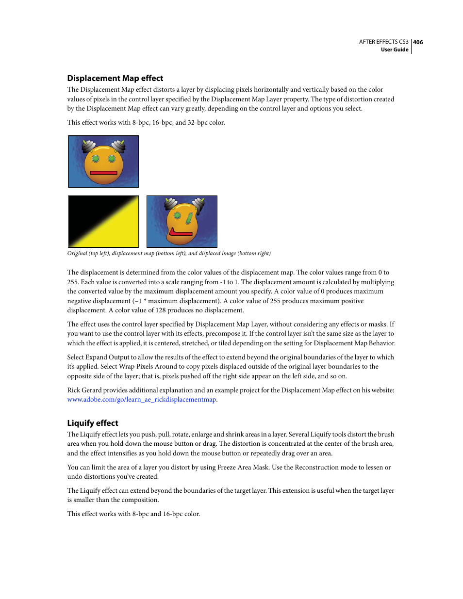 Displacement map effect, Liquify effect | Adobe After Effects CS3 User  Manual | Page 411 / 677