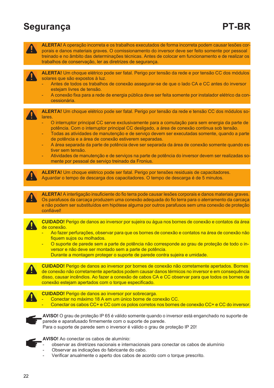 Segurança pt-br | Fronius Primo Installation User Manual | Page 24 / 48