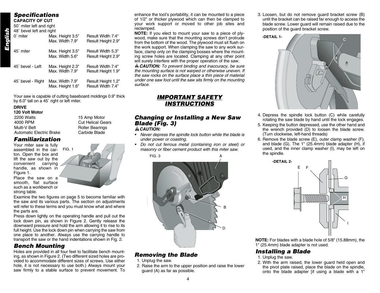 English, Installing a blade, Specifications | DeWalt Manual | Page 6 / 52 | Original mode