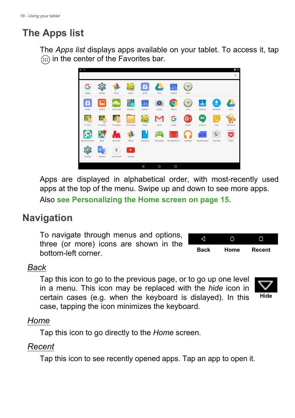 The apps list, Navigation, See back | Acer Iconia Tab 10 A3-A40 User