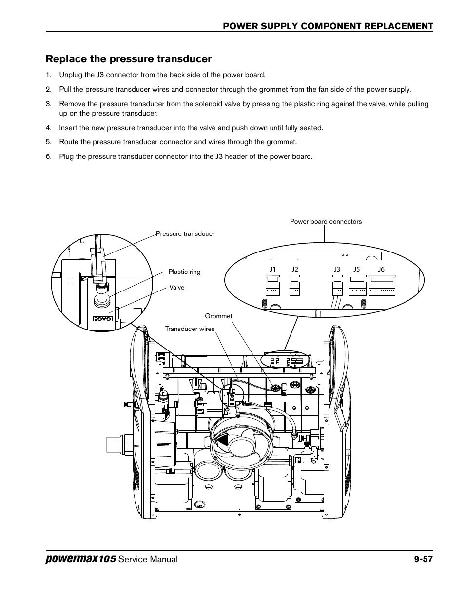 Replace the pressure transducer, Powermax, Power supply component replacement | Hypertherm Powermax105 Service Manual User Manual | Page 255 / 343 Hypertherm Powermax 85 Wiring Diagram Manuals Directory
