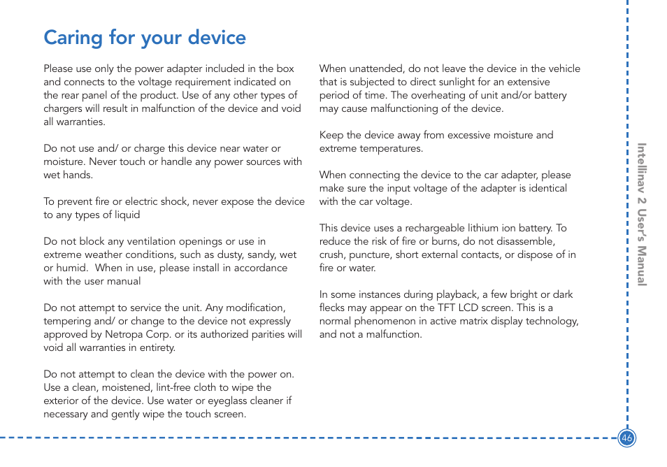 Caring for your device | Intellinav 2 User Manual | Page 48 / 52