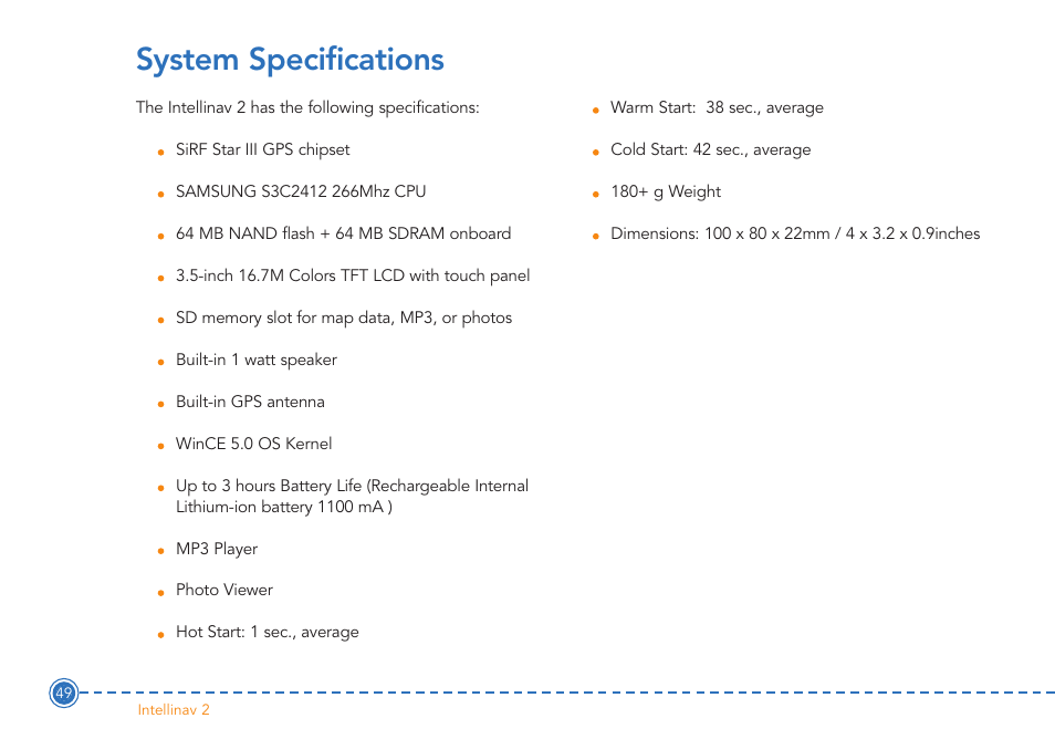 System specifications | Intellinav 2 User Manual | Page 51 / 52