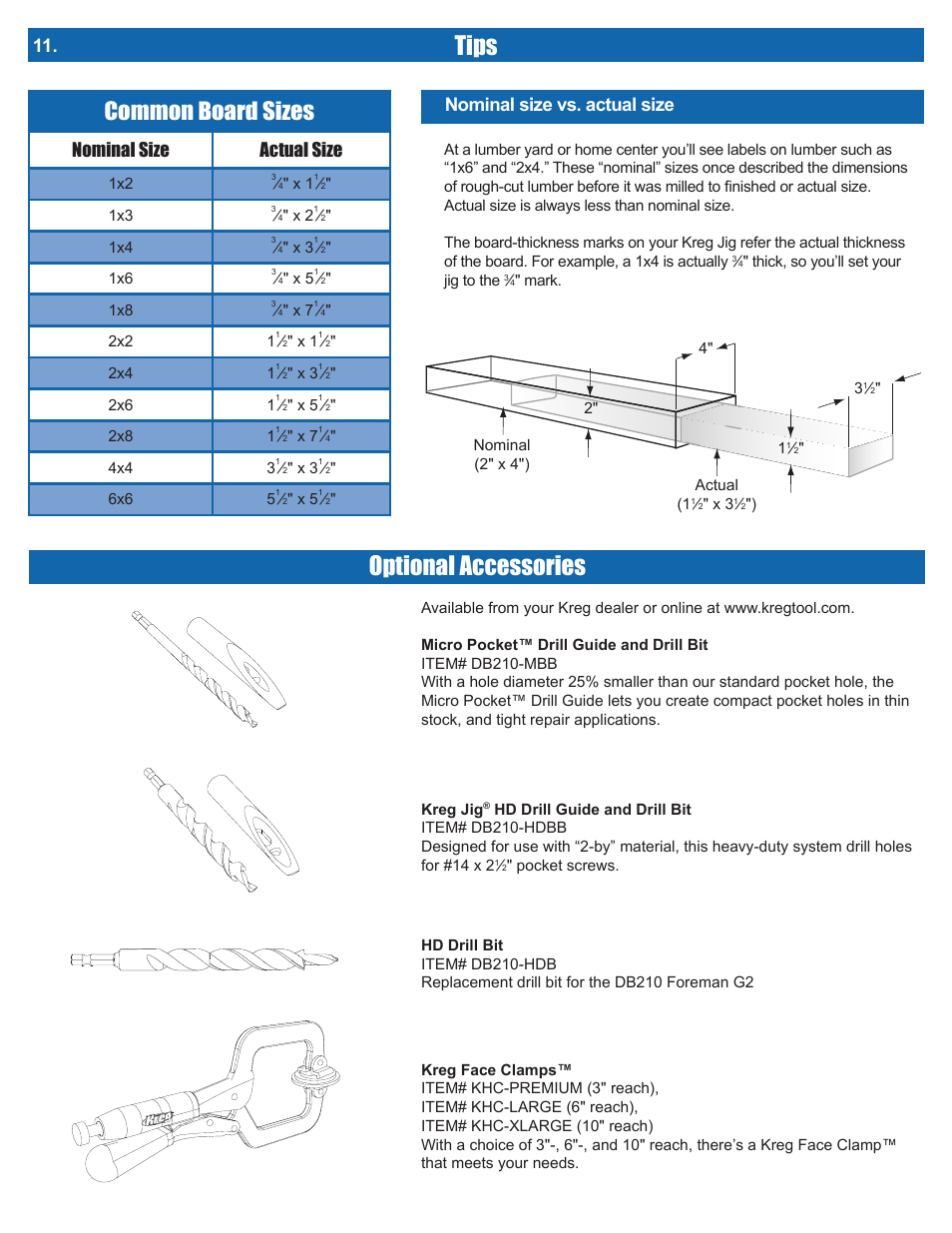 Tips, Optional accessories, Common board sizes | Nominal size actual size, Nominal size vs. actual size | Kreg DB210 Foreman Pocket-Hole Machine User Manual | Page 14 / 44