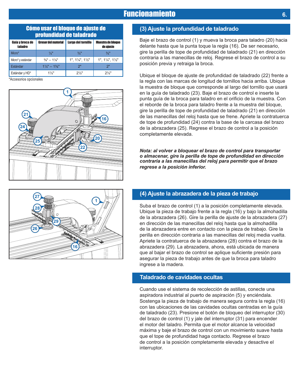 Funcionamiento, 3) ajuste la profundidad de taladrado, Taladrado de cavidades ocultas | 4) ajuste la abrazadera de la pieza de trabajo | Kreg DB210 Foreman Pocket-Hole Machine User Manual | Page 37 / 44