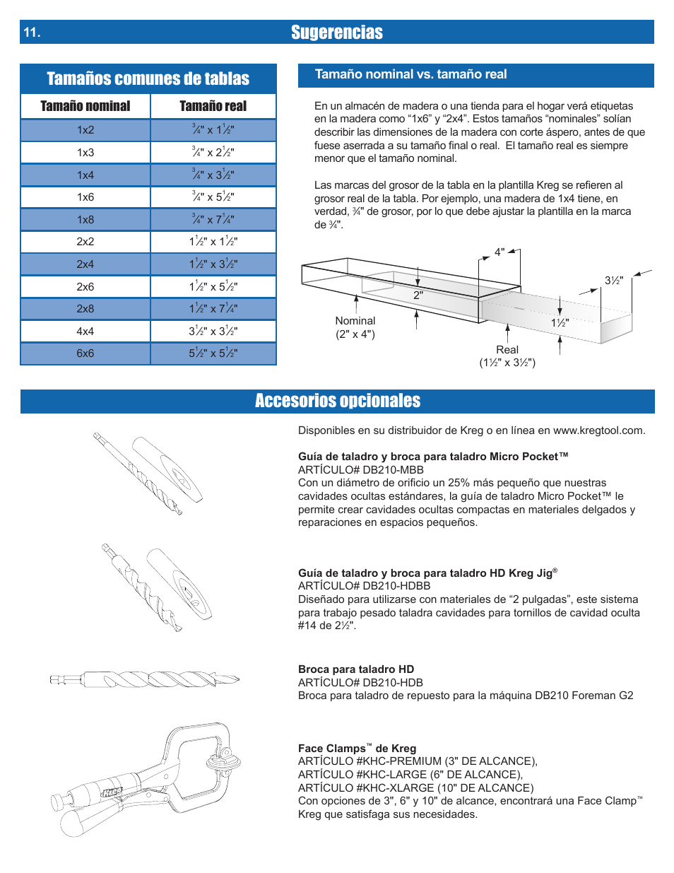 Sugerencias, Accesorios opcionales, Tamaños comunes de tablas | Tamaño nominal tamaño real, Tamaño nominal vs. tamaño real | Kreg DB210 Foreman Pocket-Hole Machine User Manual | Page 42 / 44