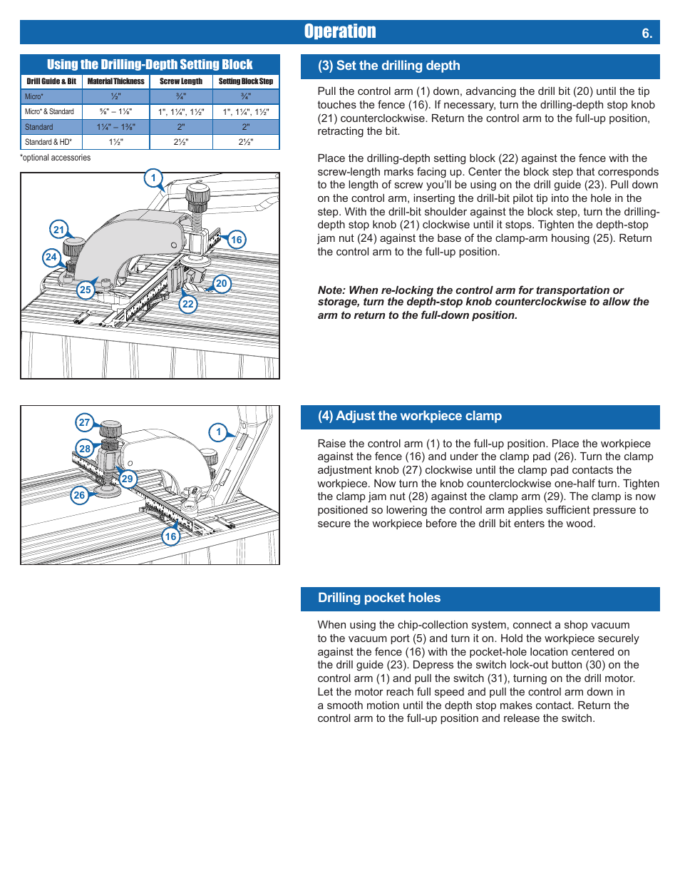 Operation, 3) set the drilling depth, Drilling pocket holes | 4) adjust the workpiece clamp | Kreg DB210 Foreman Pocket-Hole Machine User Manual | Page 9 / 44