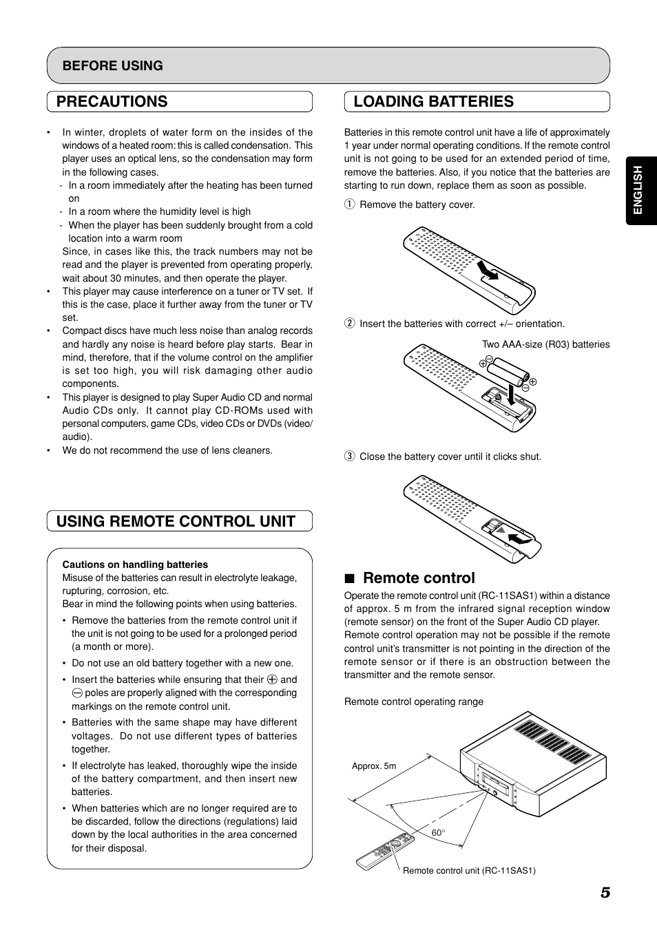 5using remote control unit, Precautions, Loading batteries | 7 remote control, Before using | Marantz SA-11S1 User Manual | Page 10 / 29