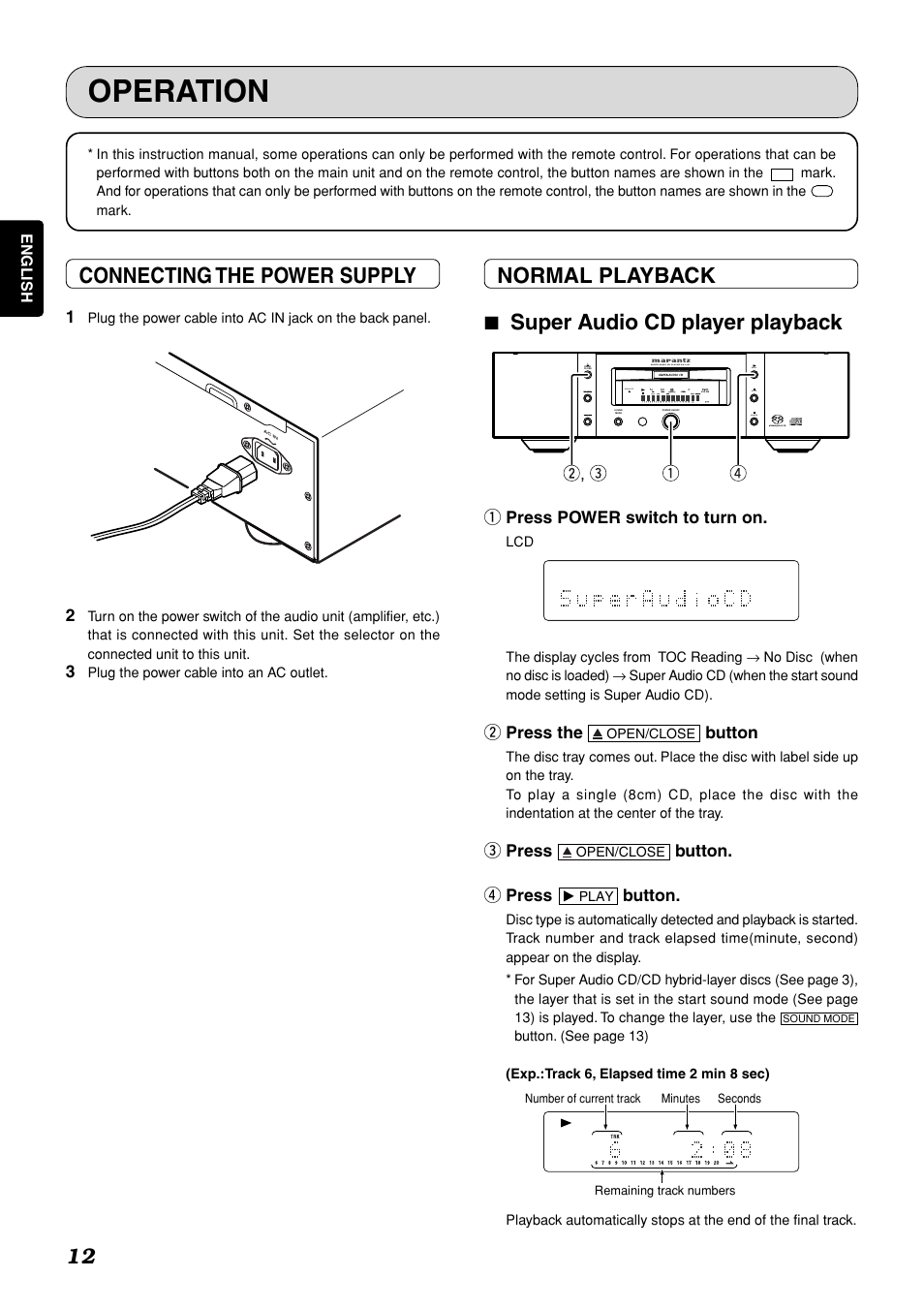 Operation, Connecting the power supply, Normal playback 7 super audio cd player playback | Marantz SA-11S1 User Manual | Page 17 / 29