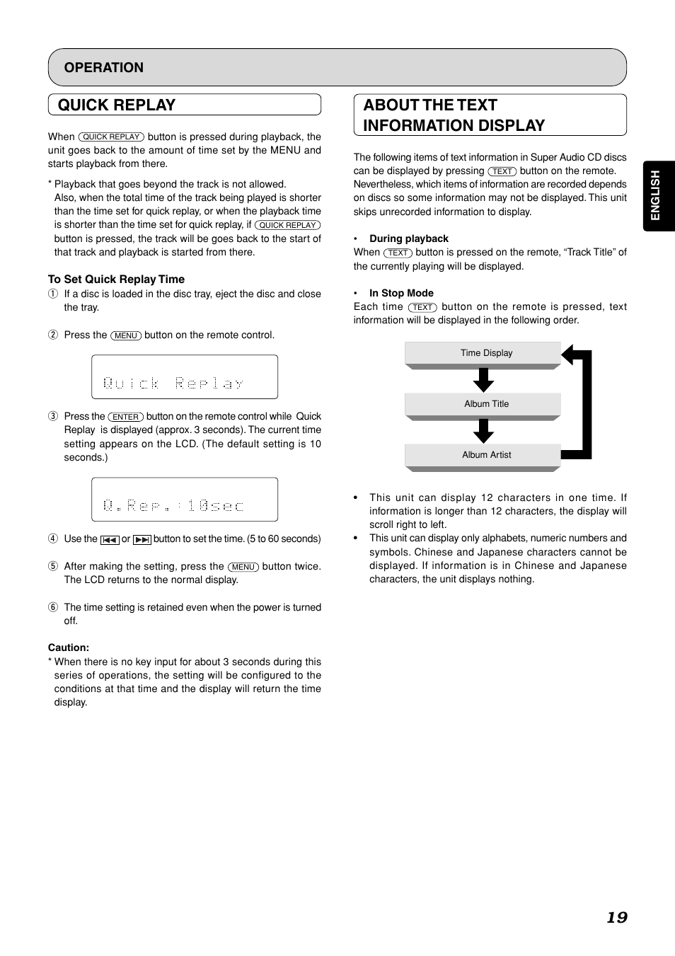 19 quick replay, About the text information display, Operation | Marantz SA-11S1 User Manual | Page 24 / 29