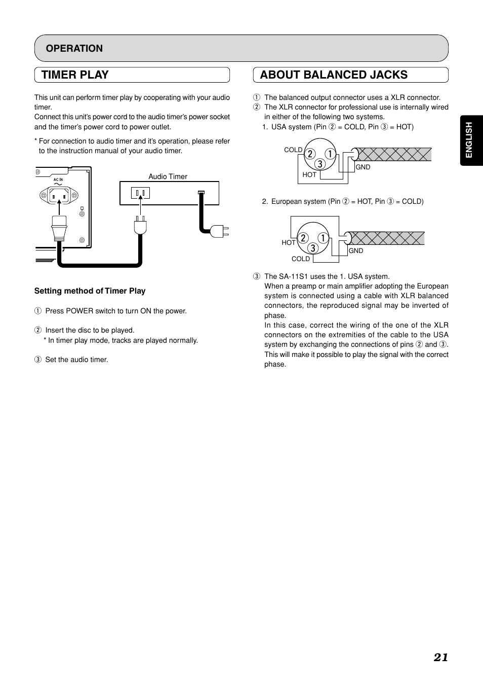 W q e, 21 timer play, About balanced jacks | Marantz SA-11S1 User Manual | Page 26 / 29