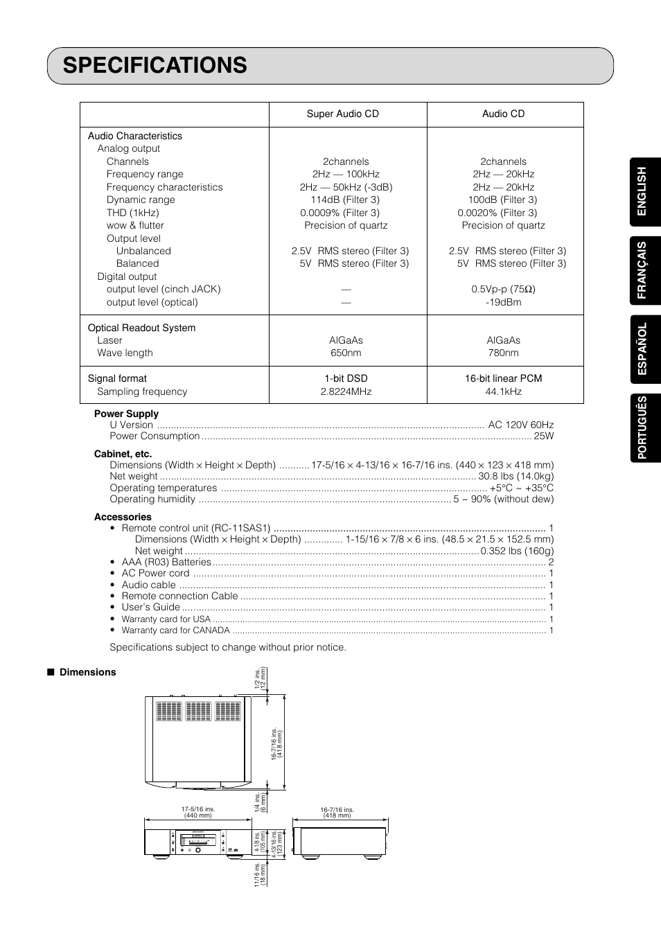 Specifications | Marantz SA-11S1 User Manual | Page 28 / 29