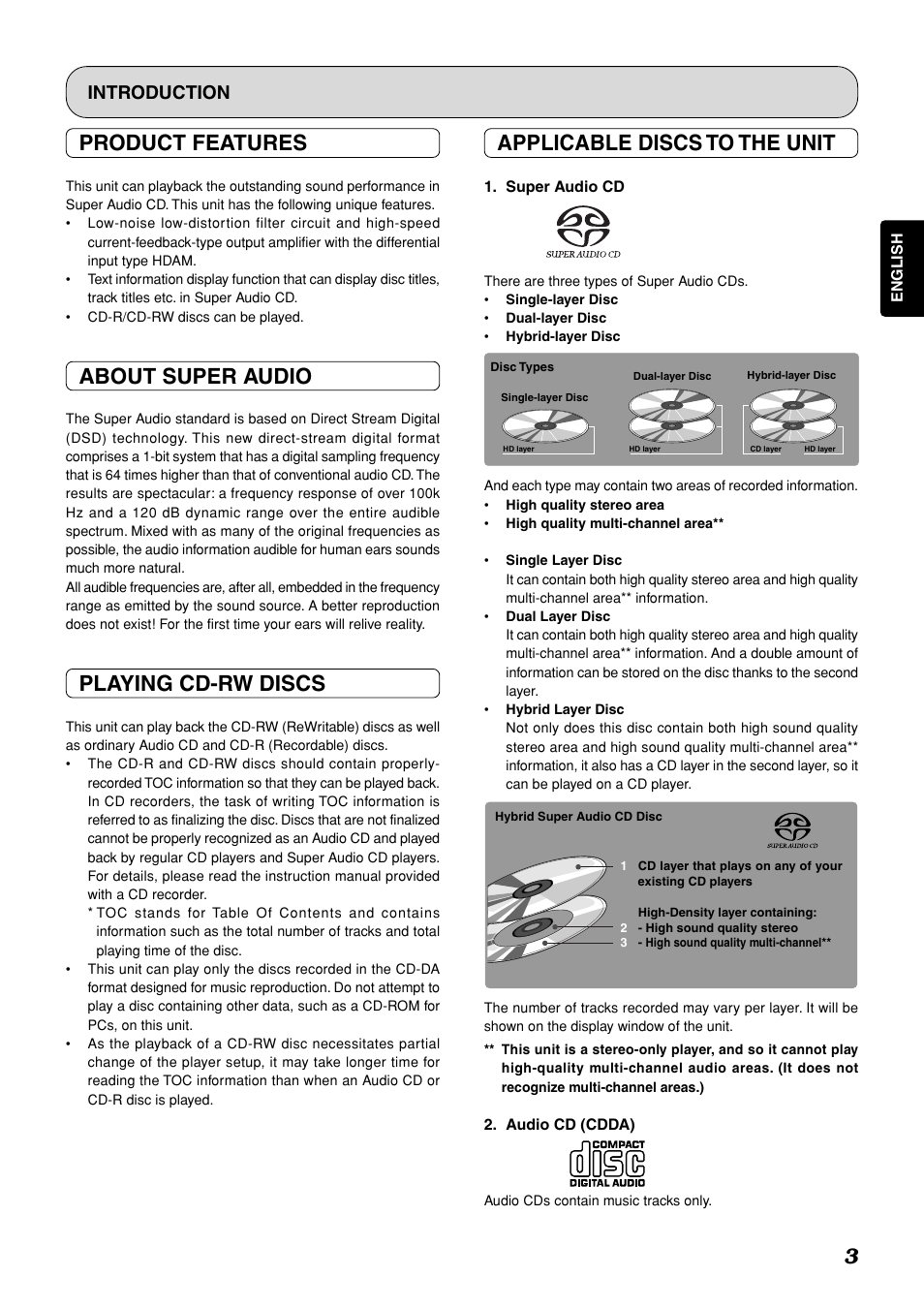 3applicable discs to the unit, Product features, About super audio | Playing cd-rw discs, Introduction | Marantz SA-11S1 User Manual | Page 8 / 29