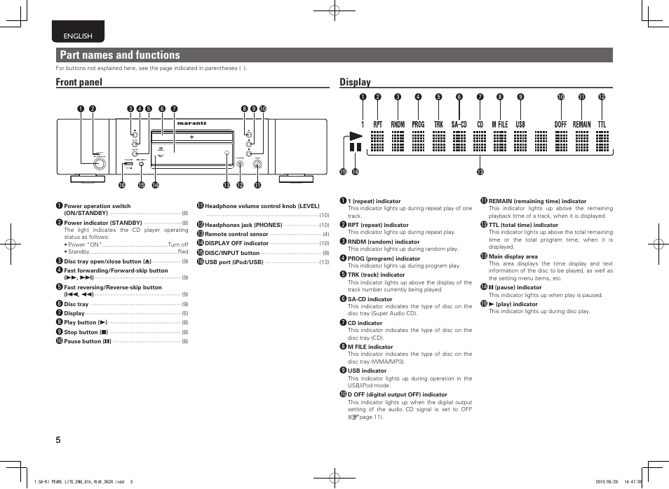 Part names and functions, Front panel display | Marantz SA-KI Pearl Lite User Manual | Page 10 / 36